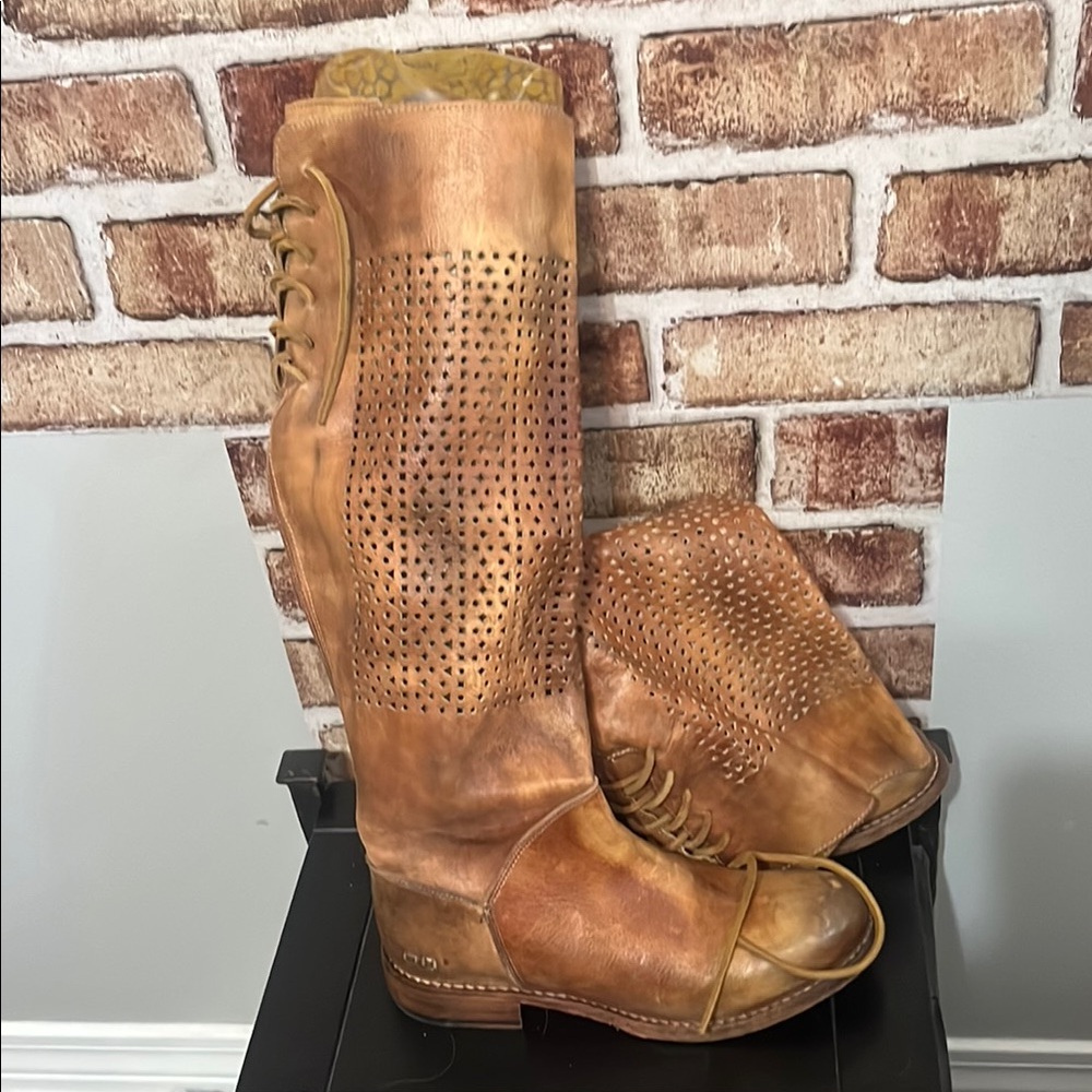 Bed Stu Tan Perforated Leather Lace-Up Tall Boots